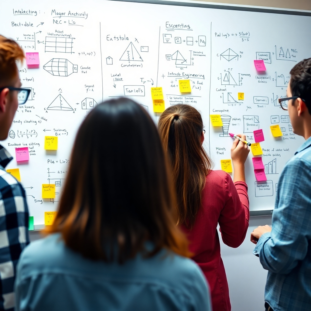 A captivating scene of a brainstorming session at a whiteboard displaying complex engineering diagrams and equations. The use of colorful markers and sticky notes brings vibrancy to the technical content. The lighting is bright and encouraging, with a color palette that emphasizes creativity and intellect. The camera angle captures the spirited collaboration amongst team members as they formulate innovative ideas.