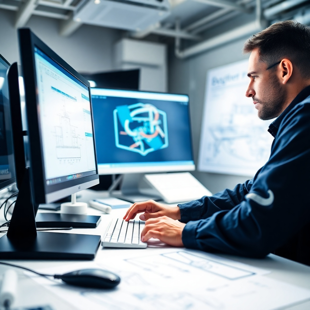 A close-up of a marine engineer working intently on a computer at a design workstation. The environment is filled with engineering software interfaces and technical schematics. Natural light illuminates the space, creating a productive atmosphere. The color scheme includes steel blues and whites, emphasizing a clean, high-tech environment. The camera angle focuses on the engineer's hands and the screen, capturing the details of their work.