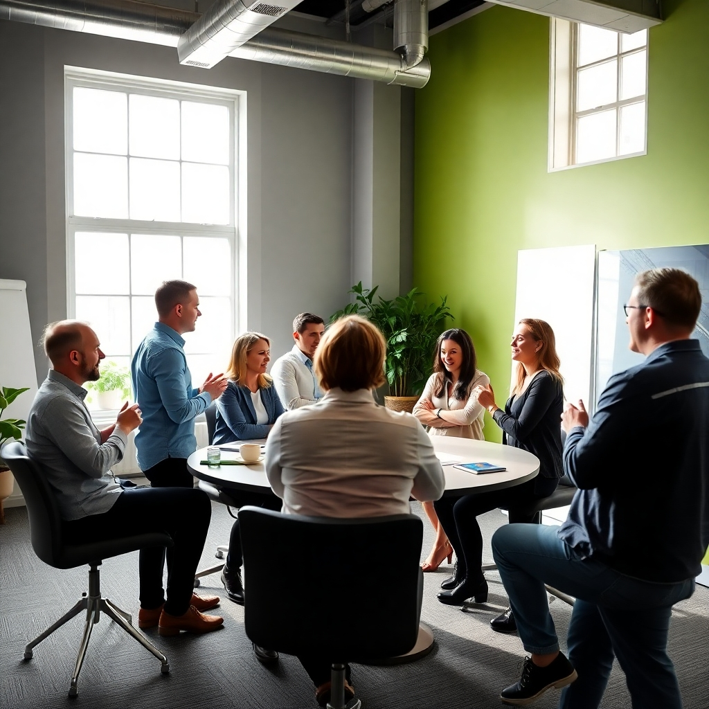 A dynamic group discussion among agency representatives and our team, fostering the exchange of ideas in a creative office space. Natural light floods the area, enhancing a collaborative atmosphere. The color scheme is bright and modern, reflecting innovation. The camera angle captures lively discussions and brainstorming sessions, signifying proactive collaboration.