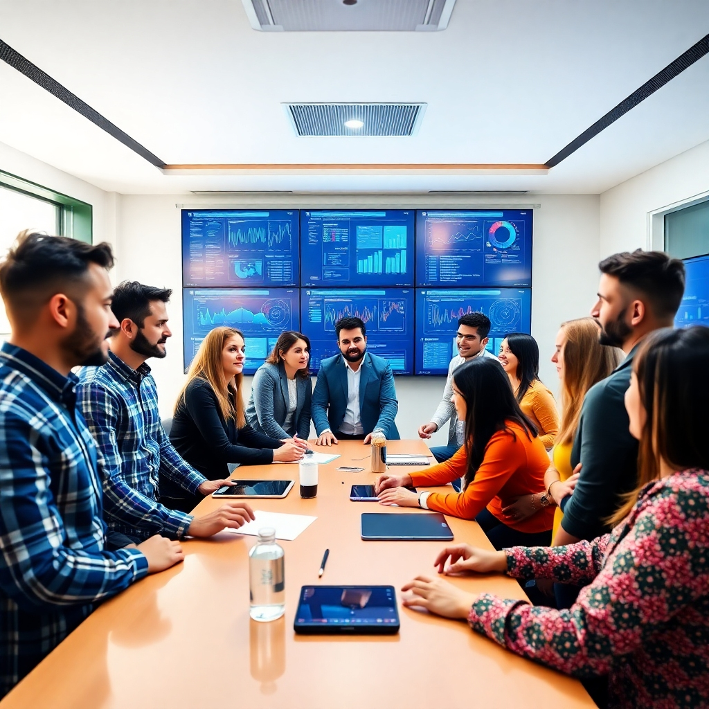 A dynamic image of our diverse team brainstorming in a modern conference room, surrounded by digital screens displaying engineering data. Bright, natural lighting illuminates the space, giving energy to the moment. The colors are vibrant and lively, mirroring the enthusiasm of collaboration. The camera angle offers a panoramic view of the room, showcasing interaction and focus among team members.