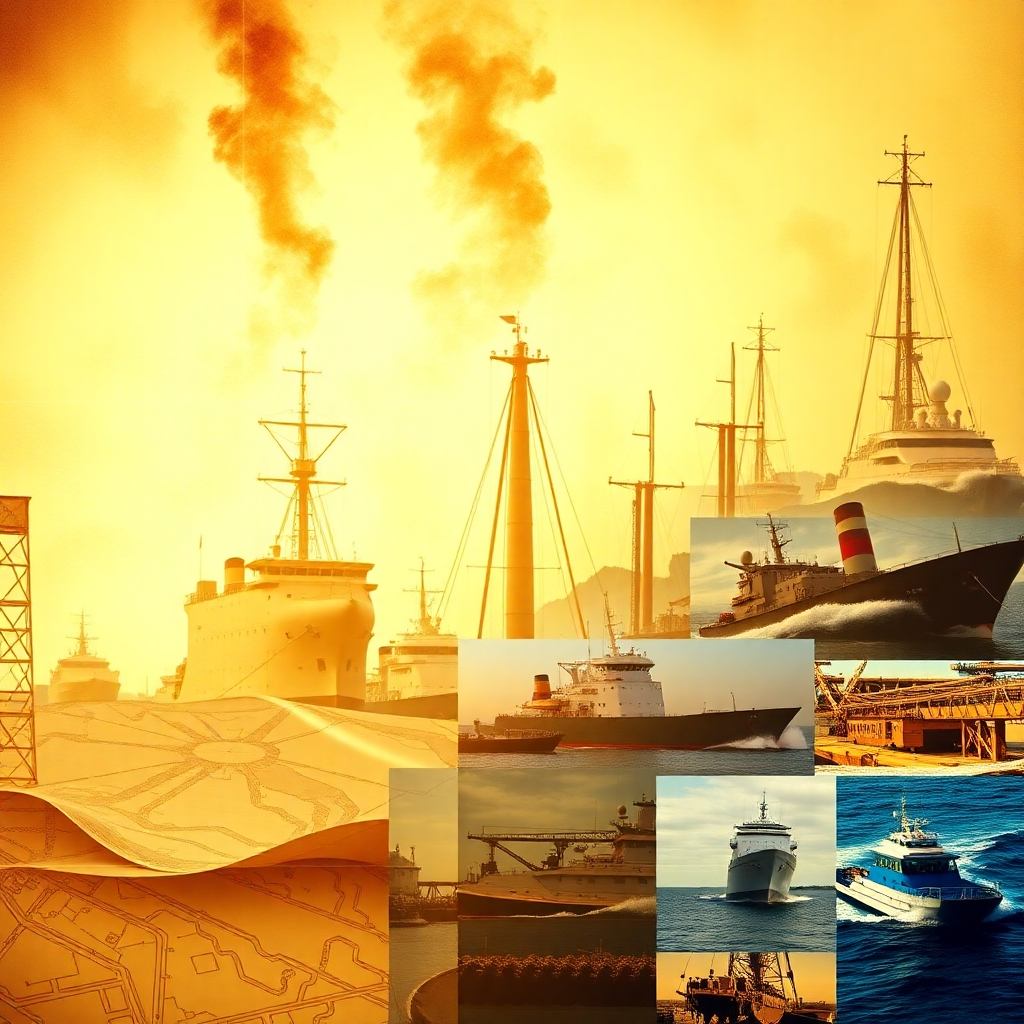 A historical montage blending past projects with modern engineering feats, showcasing the evolution of marine technology. The lighting is warm, signifying history, while the color palette includes sepia tones merging into bright colors on modern images. The camera captures the transformation, creating an emotional connection to our legacy. Key props include charts and images from past projects, intertwining with current engineering solutions.