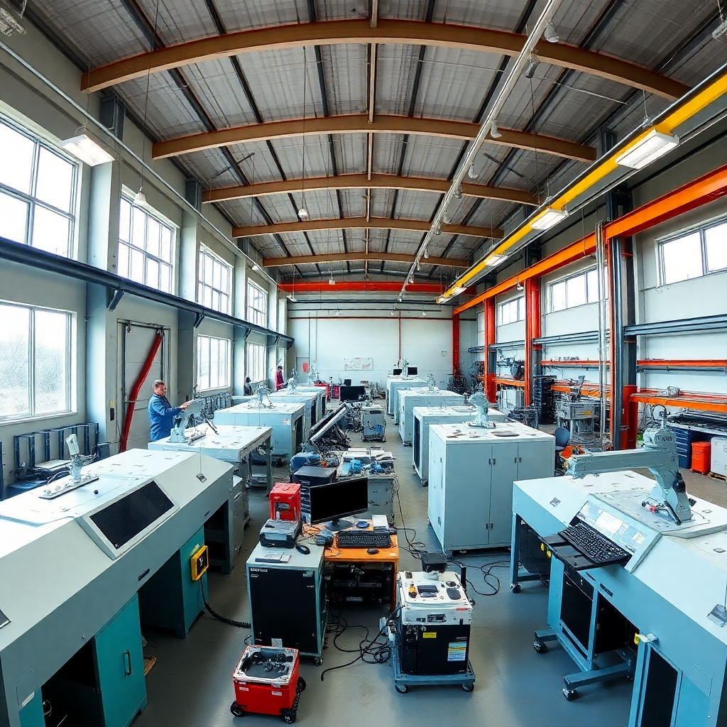 A panoramic view of our state-of-the-art engineering facility, showcasing innovative machinery and tools in use. Natural lighting from large windows highlights the vibrant workspace. The color palette reflects modern design with industrial tones. The camera angle provides a sweeping overview, showcasing both the technological advancement and the collaborative atmosphere within the space.