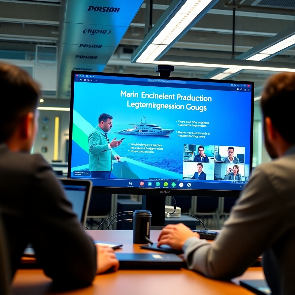 A photograph of an online training session in progress, with a screen leading a course on marine engineering practices. The setting combines modern technology with an office environment. The lighting is bright and focused on the screen. The color scheme blends tech-inspired blues and greens, enhancing the theme of innovation in learning. The camera captures team members engaging from different locations, reflecting collaborative learning.