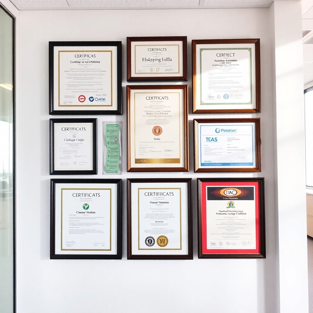 A striking photo of various certificates and accreditations framed and displayed in a modern office setting. Natural light enhances the colors of the certificates, showcasing their significance. The color palette features earth tones and metallic finishes, symbolizing professionalism. The camera angle captures the full array of certifications, emphasizing our dedication to quality and compliance.