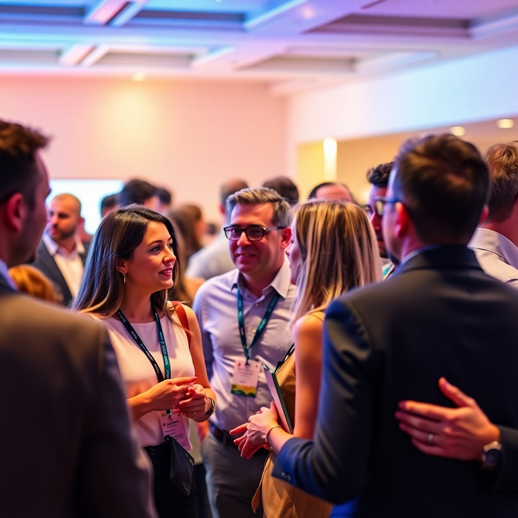 A vibrant networking event image showcasing professionals from various agencies interacting and exchanging ideas. The lighting is bright and engaging, creating an atmosphere of collaboration. The color palette features vivid colors, emphasizing the dynamic interaction. The camera angle captures the mingling professionals, showcasing the importance of networking in our field.