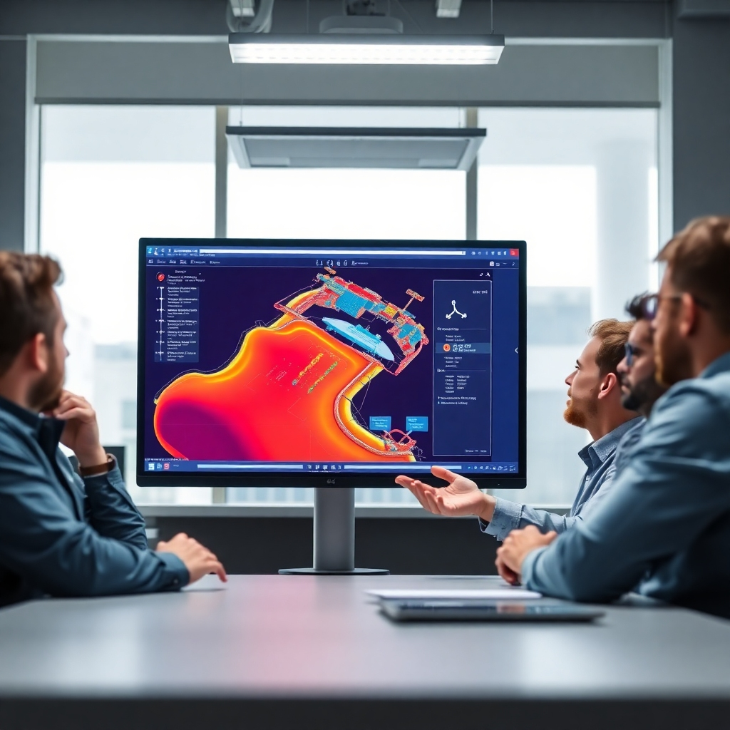 A visually striking image showcasing advanced marine engineering software on a digital screen, along with engineers actively discussing project strategies. Bright, vivid lighting focuses on the screen, enhancing the complex data visualization. The color palette consists of bright digital tones contrasted with the gray of the office environment. The camera angle emphasizes the engagement and excitement of using technology in engineering.