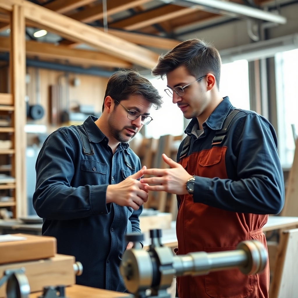 A warm, inviting photo of a senior engineer mentoring a junior engineer in a workshop. The handover of knowledge is clear through gestures and expressions. Soft, natural lighting enhances the feeling of mentorship, with a color palette of wooden textures and tool metallics. The camera angle is intimate, capturing the essence of learning in a vibrant engineering environment.
