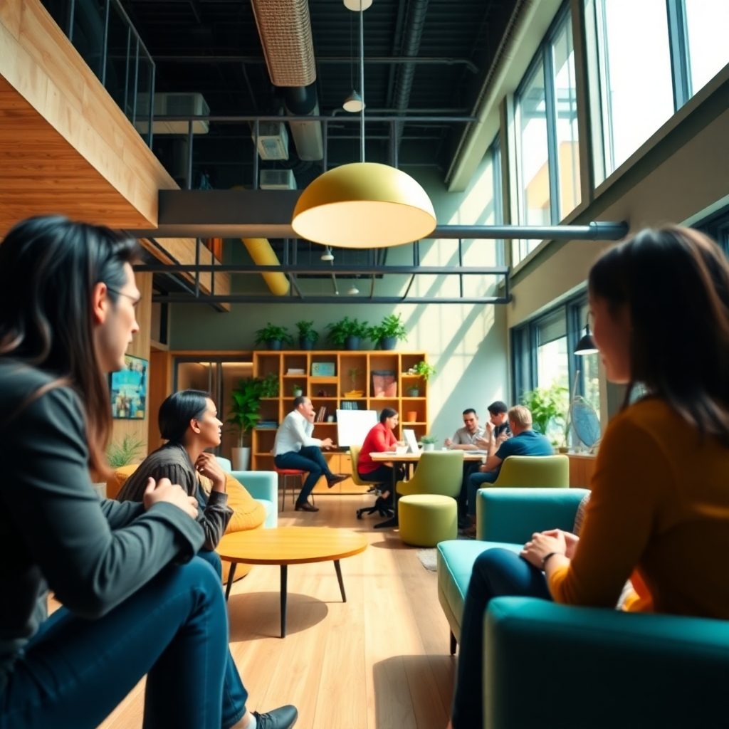 An engaging scene of a collaborative workspace filled with interactive areas for brainstorming and design. The lighting is vibrant, with bright colors enhancing creativity. Natural textures of wood and soft furniture create a warm feeling. The camera angle captures team members engaging in creative discussions, visually symbolizing a culture of innovation and teamwork.