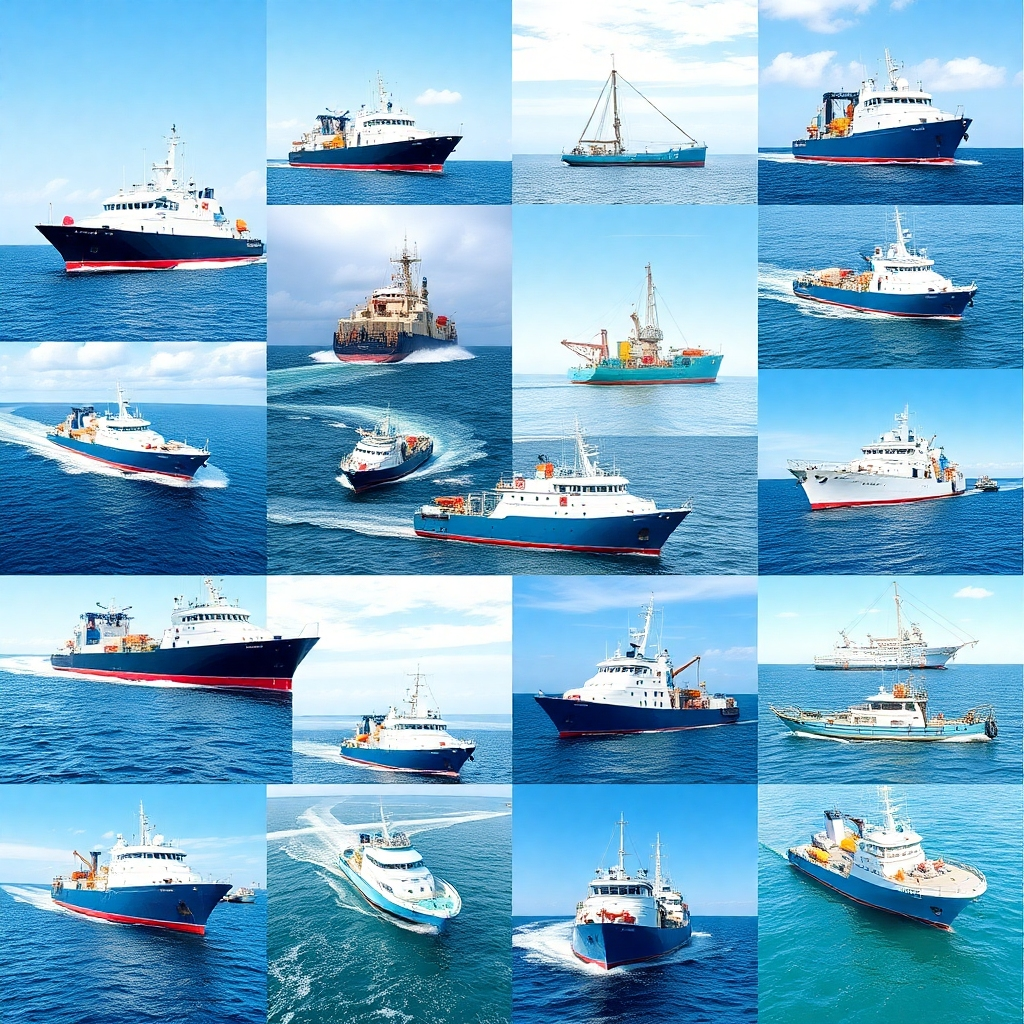 An illustrative collage of various completed marine projects, highlighting different vessels and installations. The imagery is bright, emphasizing the successful execution of projects. A dynamic color palette of blue, gray, and white connects all visuals to the marine theme. The camera angle is a creative blend that showcases the variety and sophistication of our project outcomes.