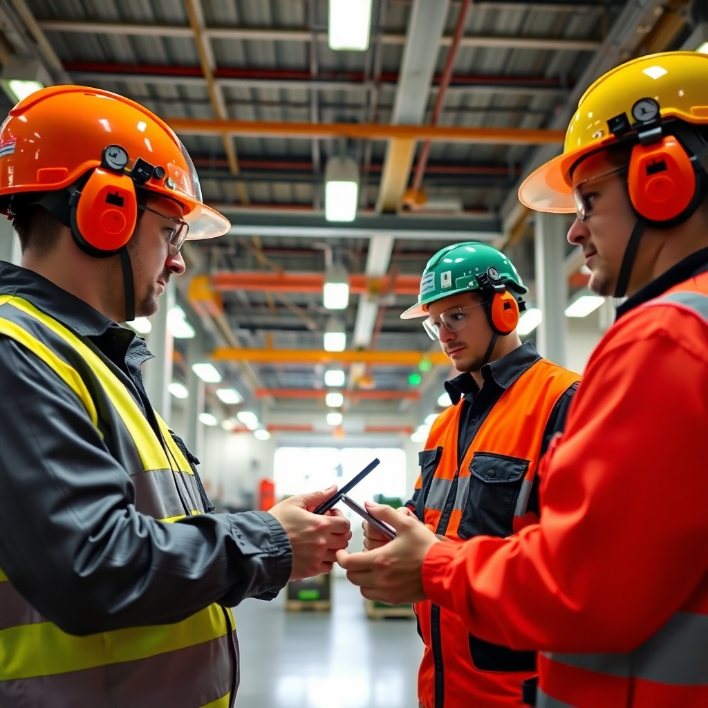An impactful image of safety equipment and compliant workspace protocols being demonstrated by engineers. Bright, well-lit spaces emphasize cleanliness and orderliness, reinforcing a safe work environment. The color scheme adheres to safety standards with bright reds and greens for signage. The camera angle focuses on the detailed procedures being employed, underlining our commitment to safety.