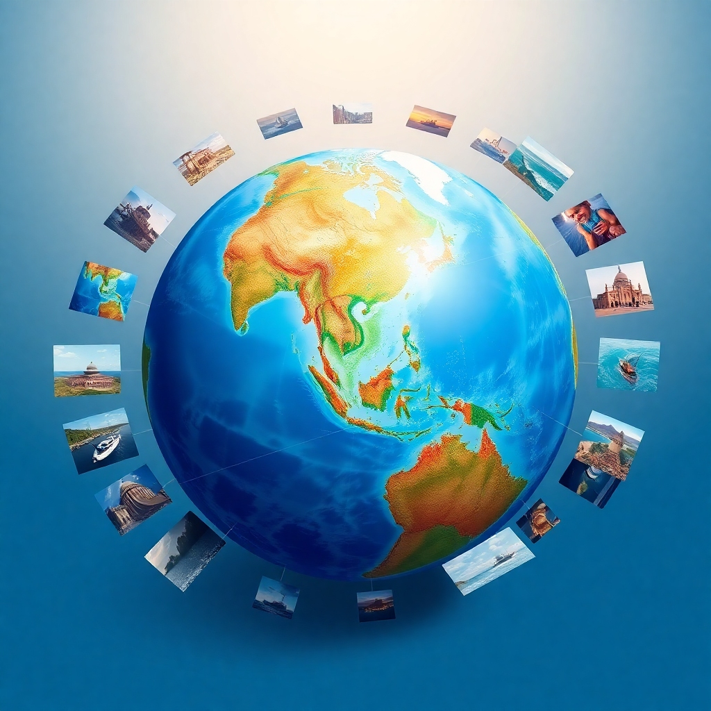 An inspiring globe illustration surrounded by images of marine projects from different parts of the world. The lighting is balanced, enhancing the global aspect. The color scheme includes earth tones and vibrant blues to represent water bodies. Dynamic lines connect various locations on the globe, visually representing our international presence. The camera angle provides a 3D effect, creating depth and connection across distances.