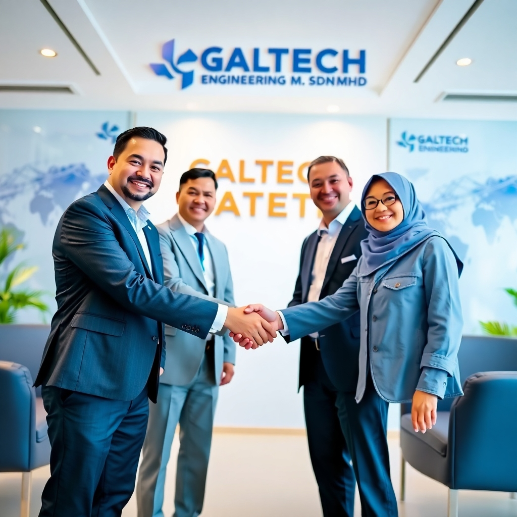 An inspiring photo of representatives from Galtech Engineering (M) Sdn Bhd and partner agencies shaking hands, sealing a new collaboration. The setting is bright with significant decor that represents partnership. The color palette is professional with blues and whites, emphasizing trust and collaboration. The camera angle captures the moment of agreement, symbolizing strong partnerships.