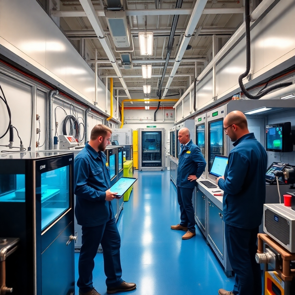 An inspiring scene of a marine facility equipped with the latest engineering technology, such as 3D printers and simulation tools. Bright lighting emphasizes the sleek, modern designs of the equipment. The color palette is vibrant, featuring metallic tones and oceanic colors that reflect the technological focus. The camera angle showcases both the equipment and the engineers engaged in using them, creating a sense of innovation and forward-thinking.