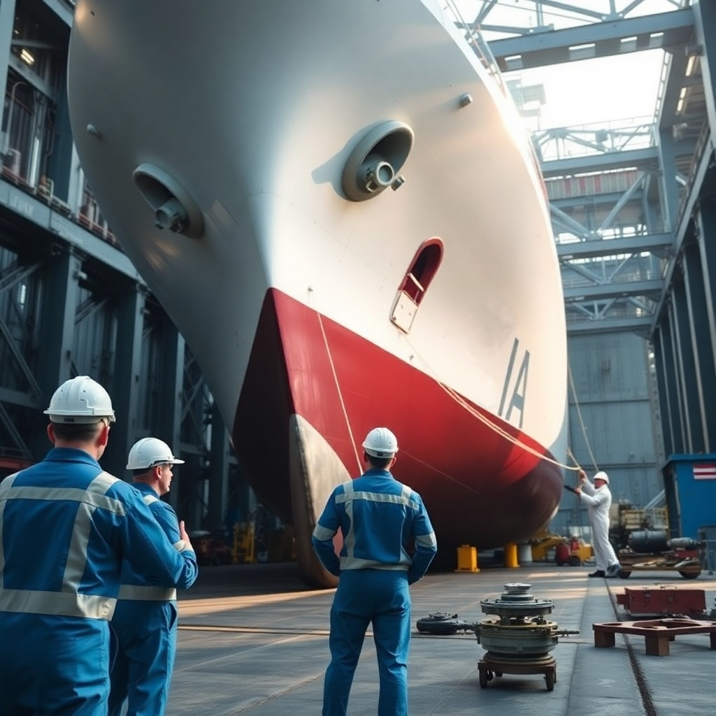 An impressive image of engineers inspecting a large ship in dry dock, highlighting various stages of engineering processes. Natural lighting accentuates details in the ship's hull and engineering tools. A color palette of blues and whites resonates with maritime themes. The camera angle captures the grand scale of the vessel and the precision of the engineers at work, immersing viewers in a world of marine engineering.